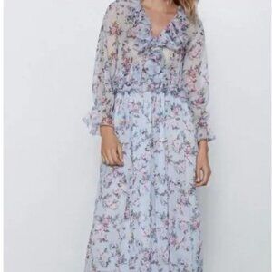 Zara Blue and Pink Floral Ruffled Chiffon Midi Dress